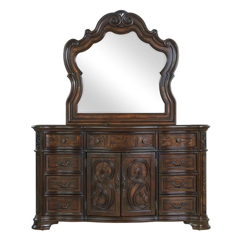 Royale Brown Cherry 9-Drawer Dresser and Mirror