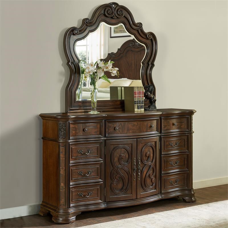 Royale Brown Cherry 9-Drawer Dresser and Mirror