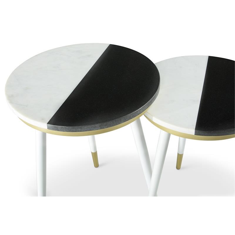 Taj Black and White Marble Top 2-Pack Round Side Table Set