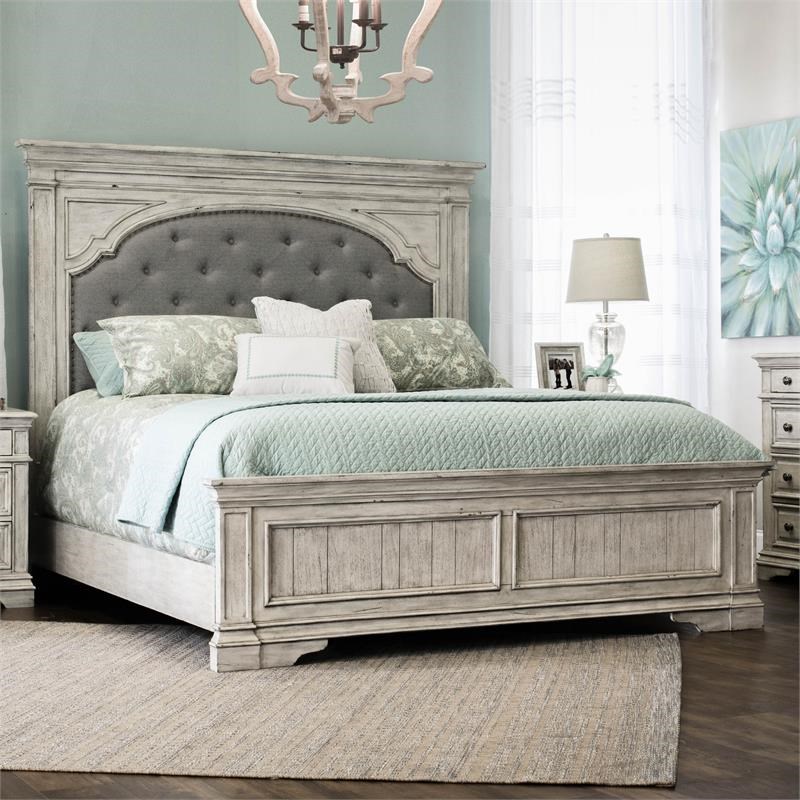 Highland Park Rustic Ivory Wood Upholstered Panel Queen Bed Homesquare