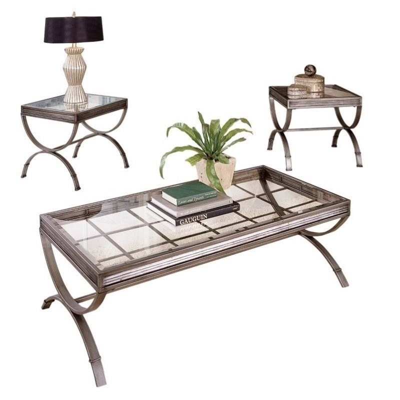 Emerson 3 Piece Coffee and End Table Set in Nickel metal finish and