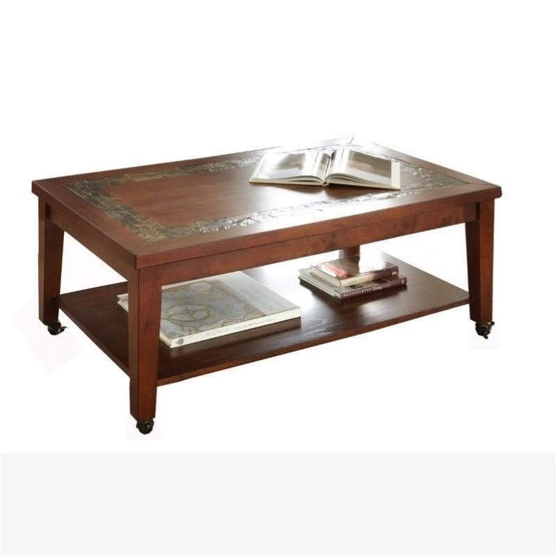 Davenport Slate Cocktail Table with Locking Casters with Brown Cherry Finish