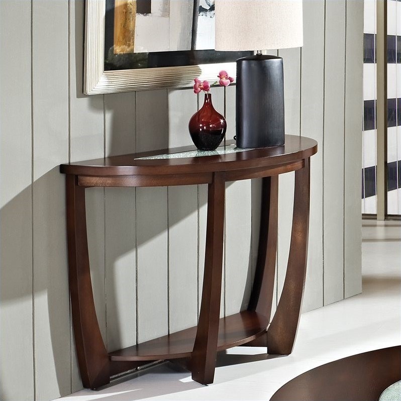 Rafael Sofa Table in Cherry Finish Wood  with Cracked Glass Insert