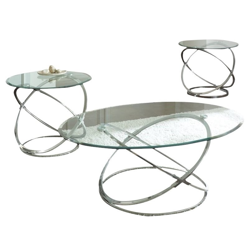 Pack Chrome Tail And End Tables, Round Glass Silver Coffee Table Set