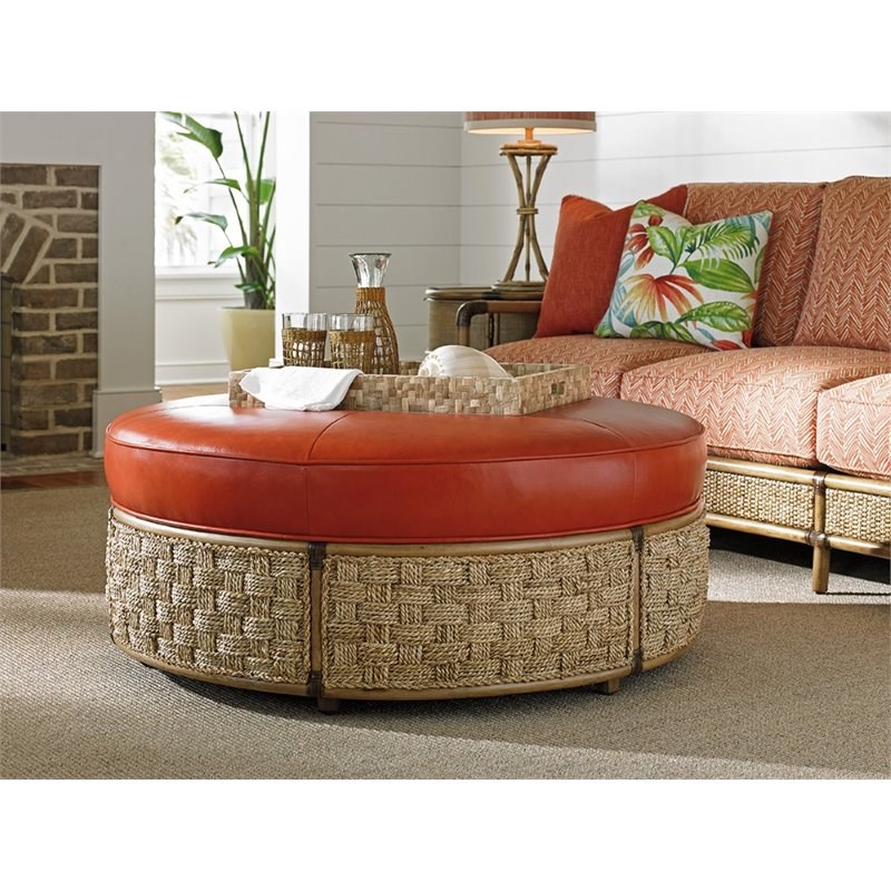 Tommy Bahama Twin Palms St Barts Leather Ottoman in Orange