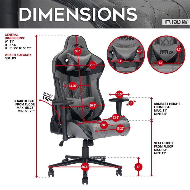 Techni Sport Polyurethane and Steel Frame XL-Ergonomic Gaming Chair in Gray