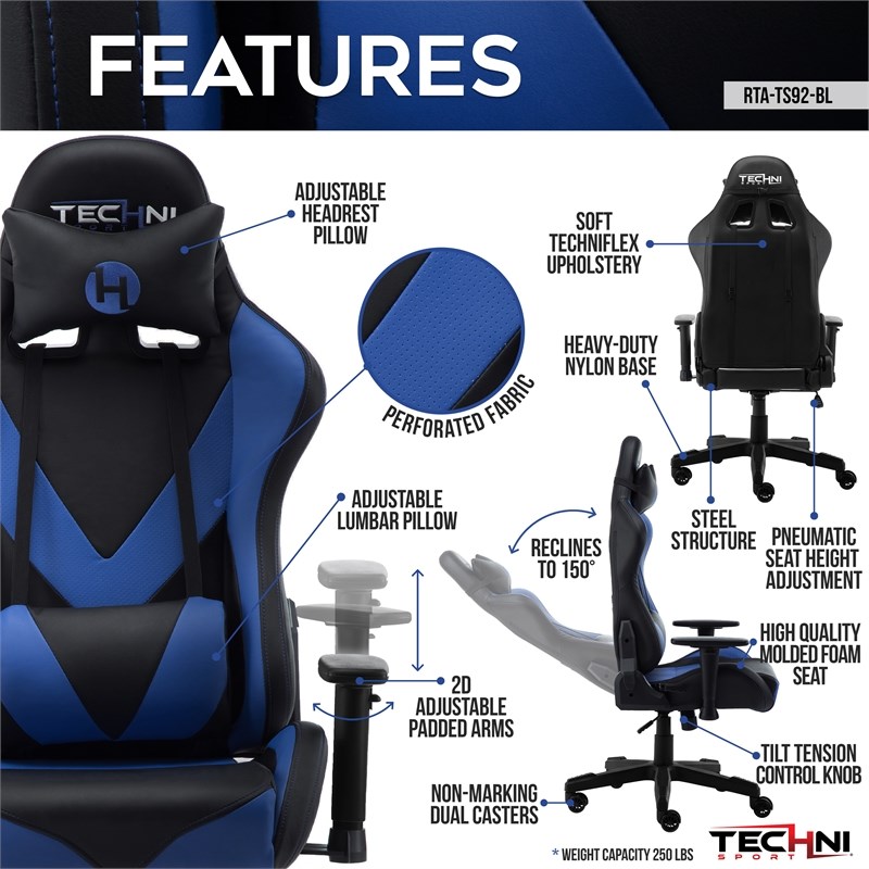Techni Sport Polyurethane and Steel Frame TS-92 Office-PC Gaming Chair in Blue