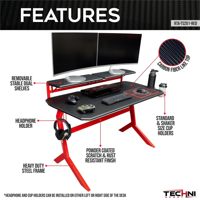 Techni Sport Engineered Wood and Steel Frame Stryker Gaming Desk in Red