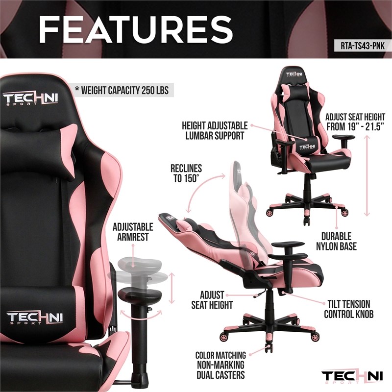 Techni Sport TS-4300 Ergonomic High-Back Racer Style PC Gaming Chair - Pink