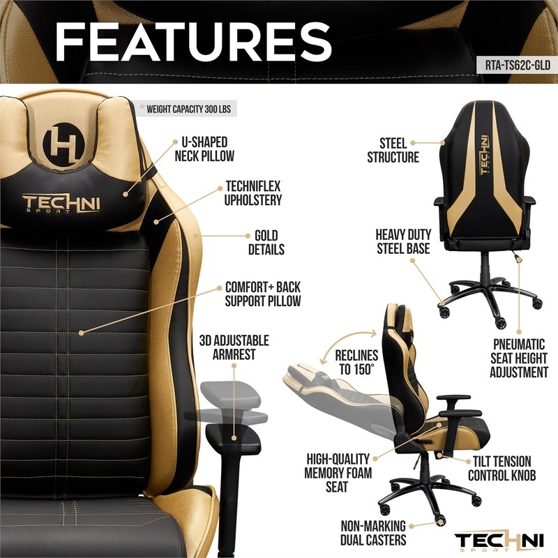 Techni Sport Ergonomic Polyurethane Fabric Racing Style Gaming  Chair - Gold