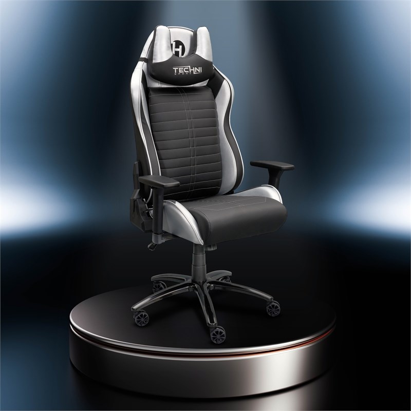 Techni Sport Ergonomic Polyurethane Fabric Racing Style Gaming  Chair - Silver