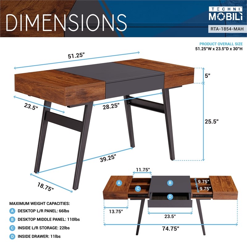 Techni Mobili Engineered Wood Expandable Modern Desk with Storage in Mahogany
