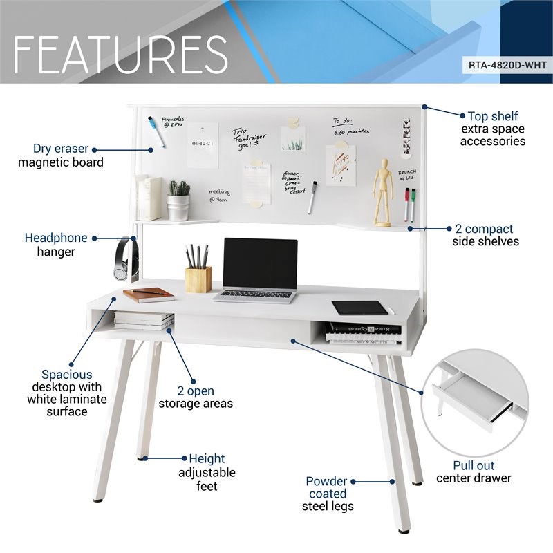 Techni Mobili Computer Writing Desk in White with Magnetic Dry Erase Board