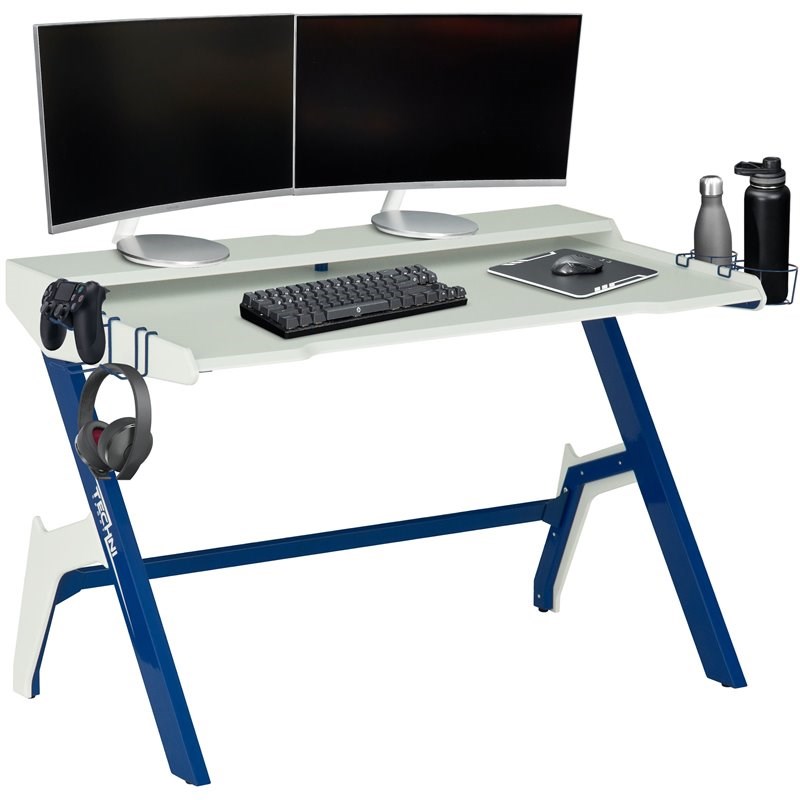 Techni Sport Computer Gaming Desk with Cupholder and Headphone Hook in Blue