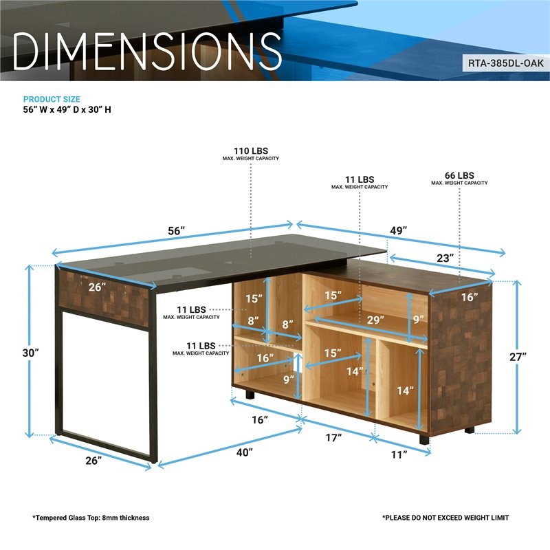 Techni Mobili L-Shaped Glass Table Top Corner Desk with Multiple Storage in Oak