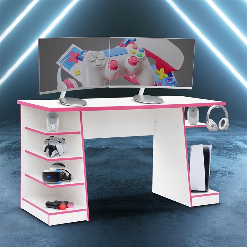 Techni Sport Jango Gaming Computer Desk with Storage in White and Pink
