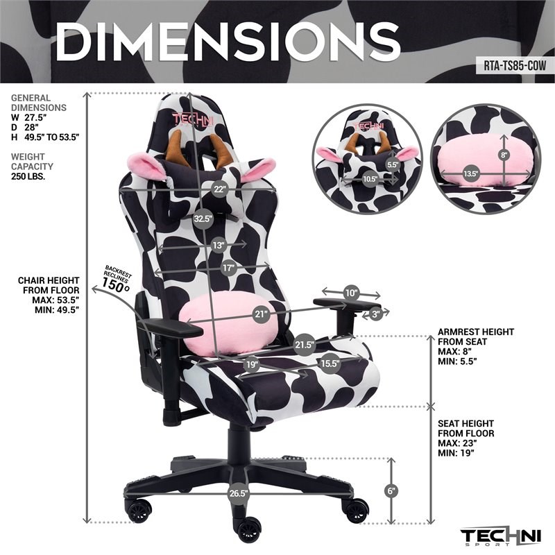 Techni Mobili TS85 COW Print Fabric LUXX Series Gaming Chair in Black/White