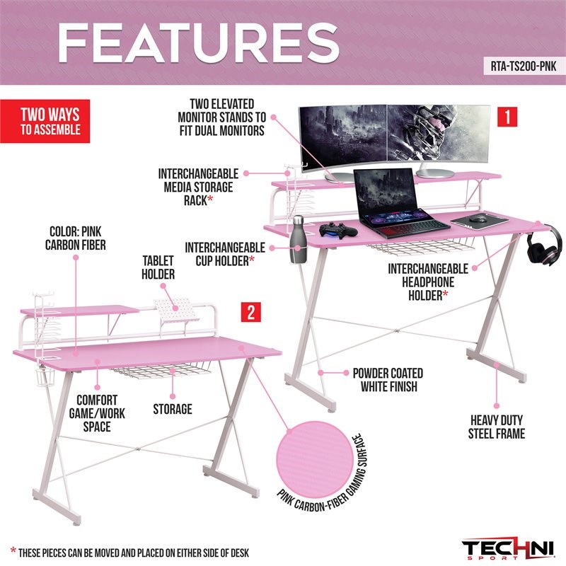 Techni Mobili Sport TS-200 Carbon Computer Gaming Desk with Shelves - Pink/White