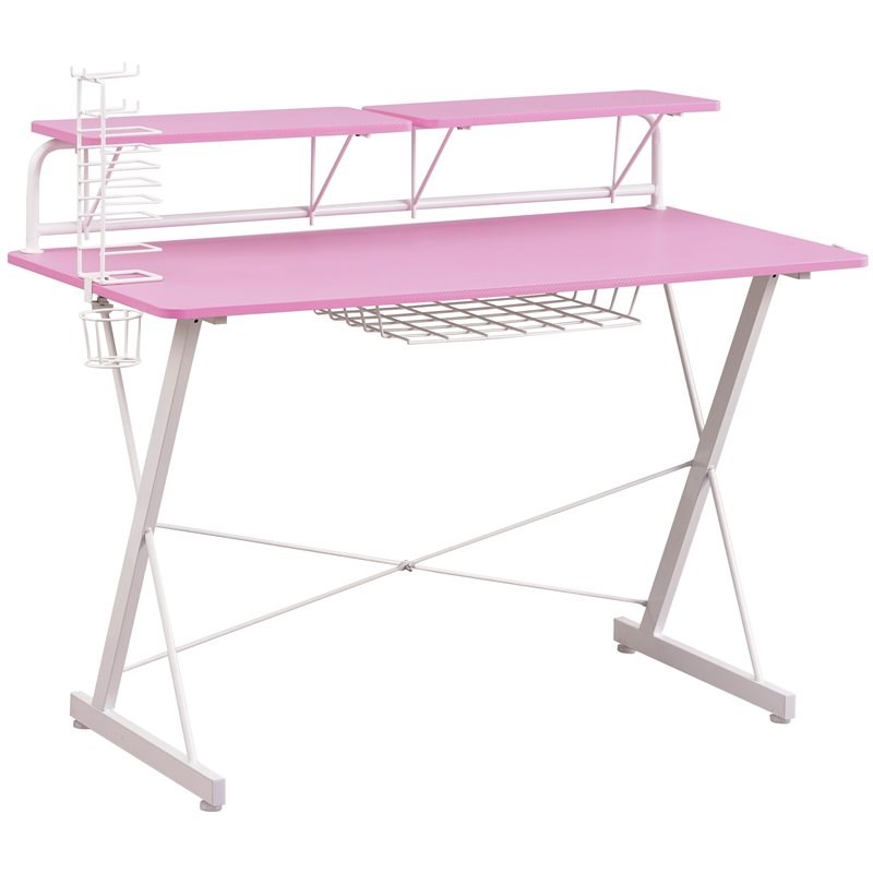 Techni Mobili Sport TS-200 Carbon Computer Gaming Desk with Shelves - Pink/White