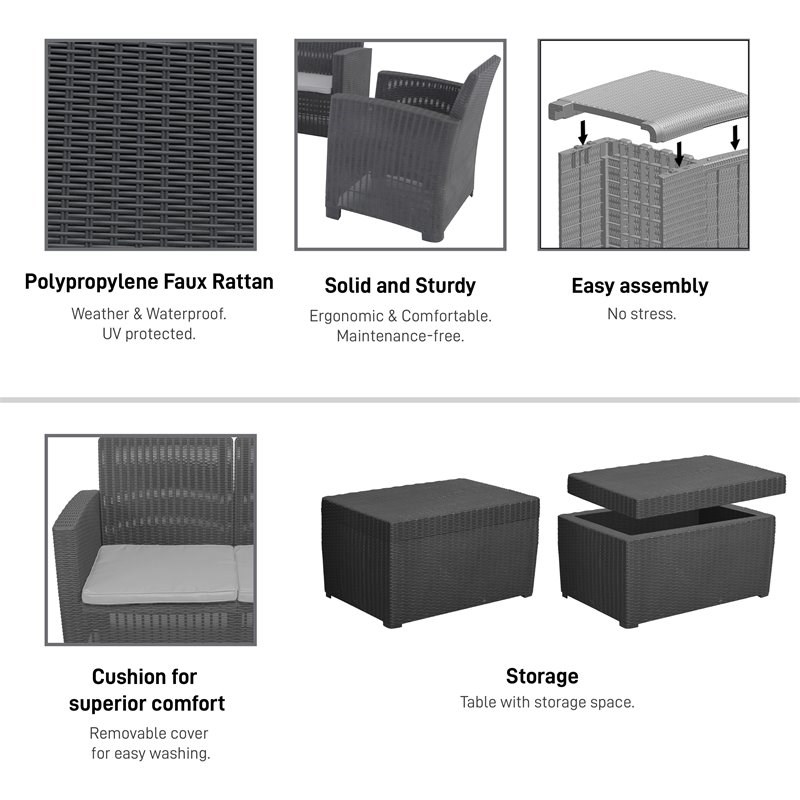 Techni Mobili Alta Plastic 4-Piece Outdoor Sofa Set with 5-Seat in Black