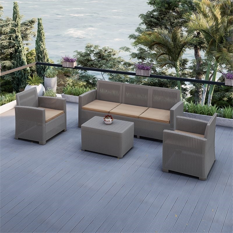 Techni Mobili Alta Plastic 4-Piece Outdoor Sofa Set with 5-Seat in Gray