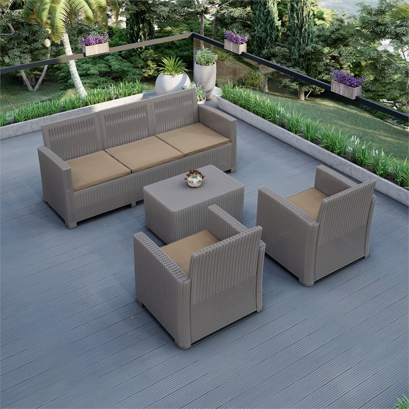 Techni Mobili Alta Plastic 4-Piece Outdoor Sofa Set with 5-Seat in Gray