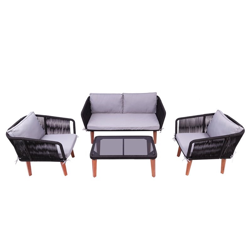 Techni Mobili Fassano 4-Piece Rope Woven Metal/Wood Patio Sofa Set in Black/Gray