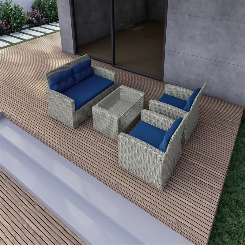 Techni Mobili Terrazzo 4-Piece Wicker Metal/Wood Patio Sofa Set in Gray/Blue
