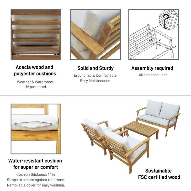 Techni Mobili Truwood 4-Piece Wood Patio Sofa Set in Brown/Beige