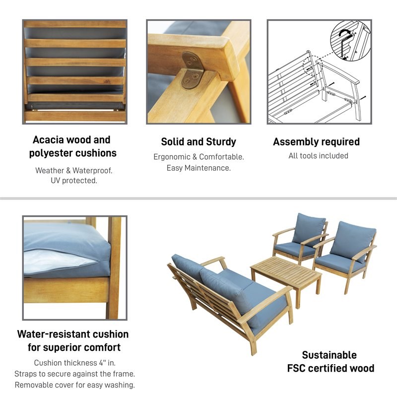 Techni Mobili Truwood 4-Piece Wood Patio Sofa Set in Brown/Gray