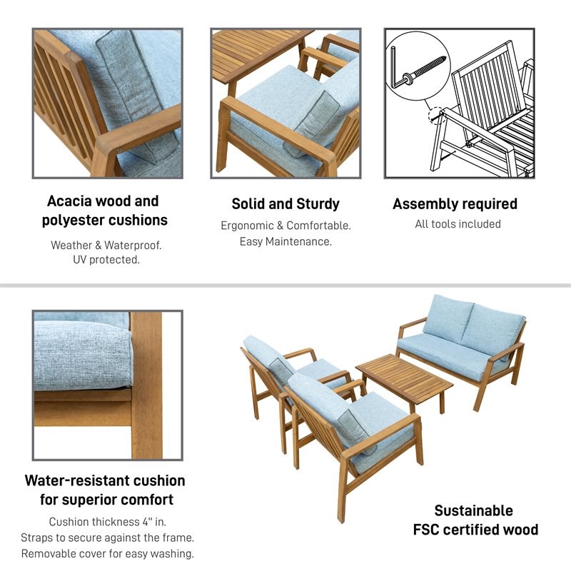 Techni Mobili Saman 4-Piece Wood Patio Sofa Set in Brown/Gray