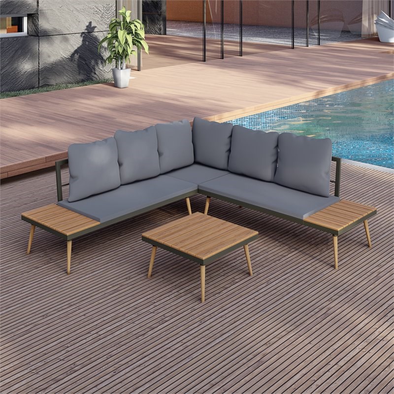 Techni Mobili Stellar 5-Piece Aluminum/Wood Patio Sectional Sofa Set in Gray