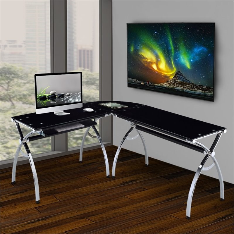 Techni Mobili L-Shaped Glass Desk with Chrome Frame in Black