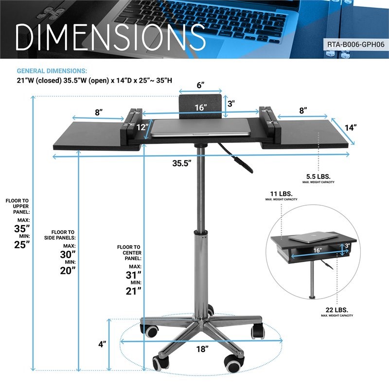 Techni Mobili Folding Table Laptop Cart in Graphite