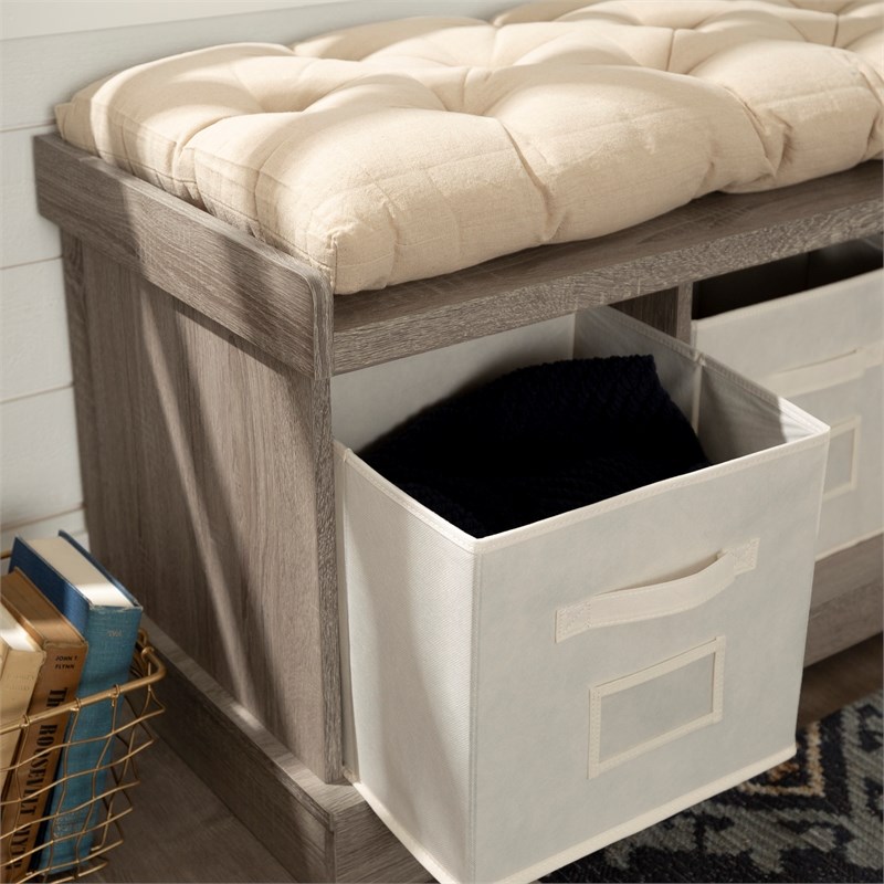 3 tote cubby storage bench in driftwood with cushion b42stcag