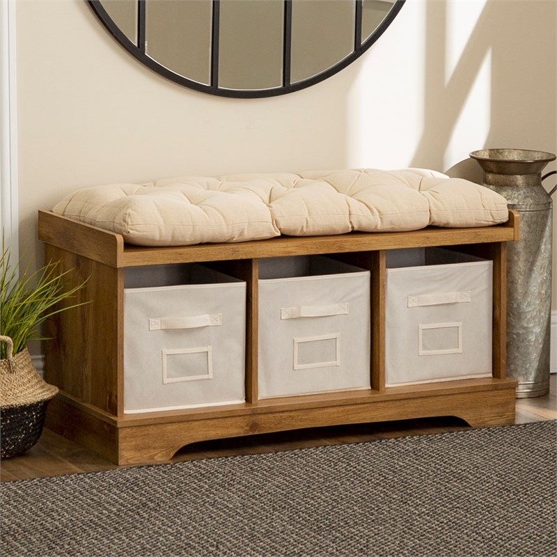 3 Tote Cubby Storage Bench In Barnwood With Cushion - B42stcbw