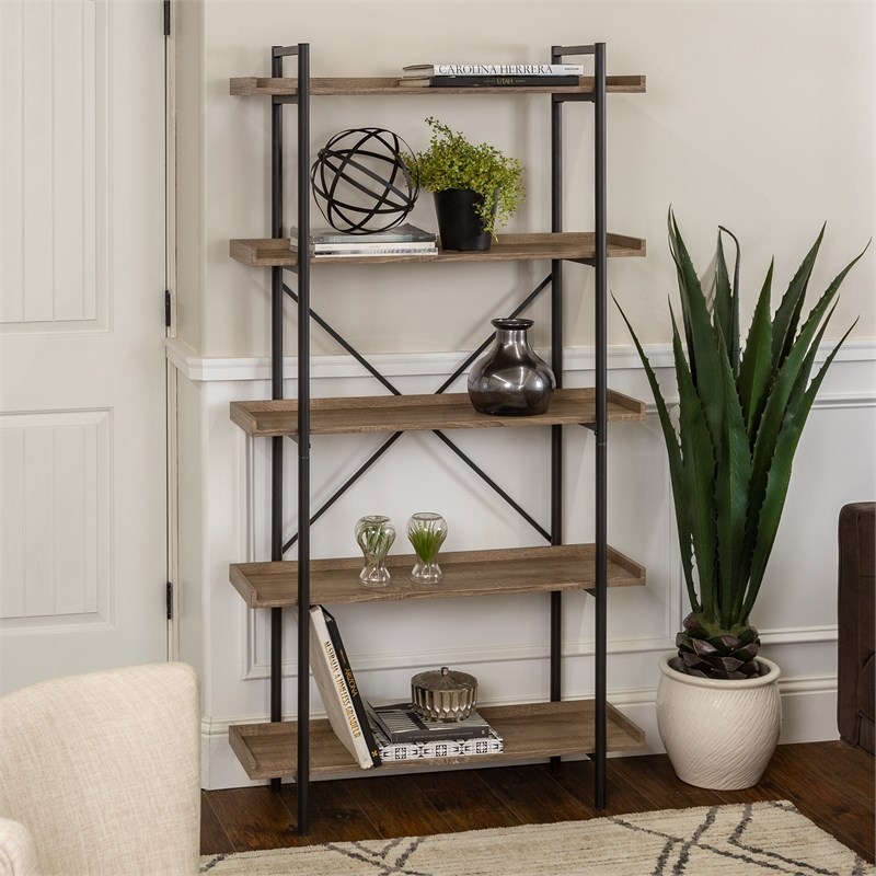 Industrial Pipe 5 Shelf Bookcase in Driftwood | Homesquare