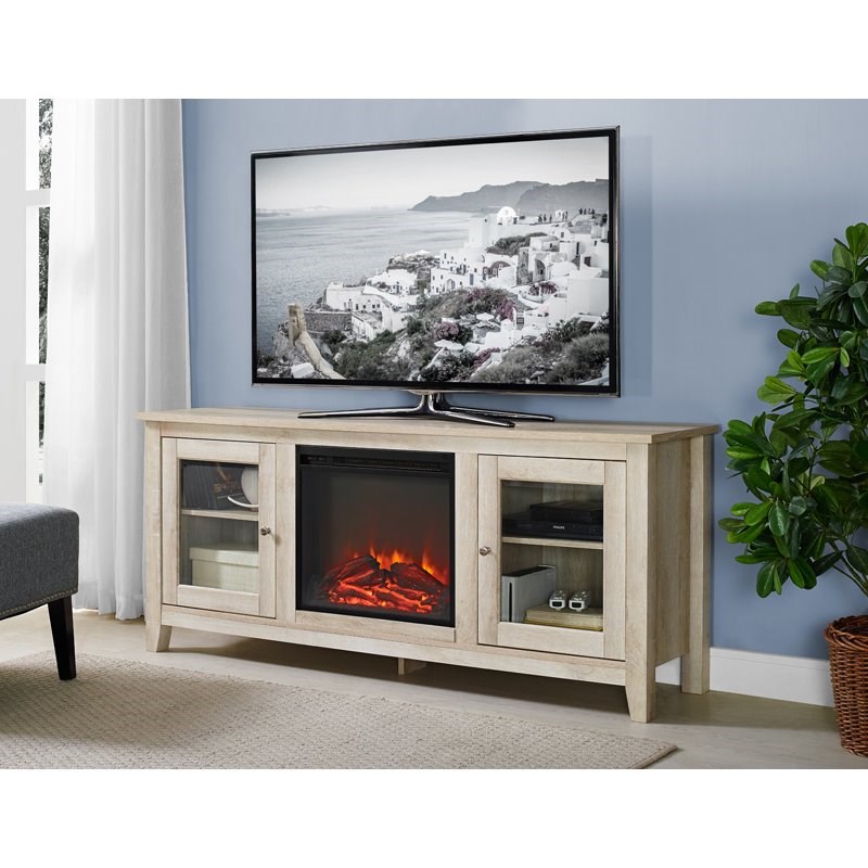 walker edison 58" wood media tv stand console with fireplace white