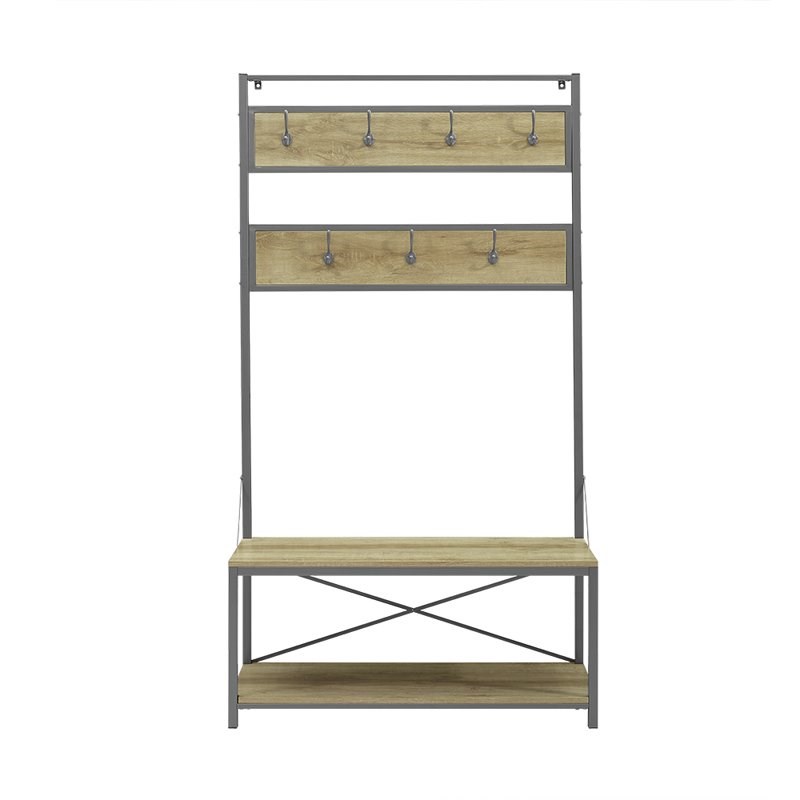 72" Industrial Metal and Wood Hall Tree White Oak Homesquare