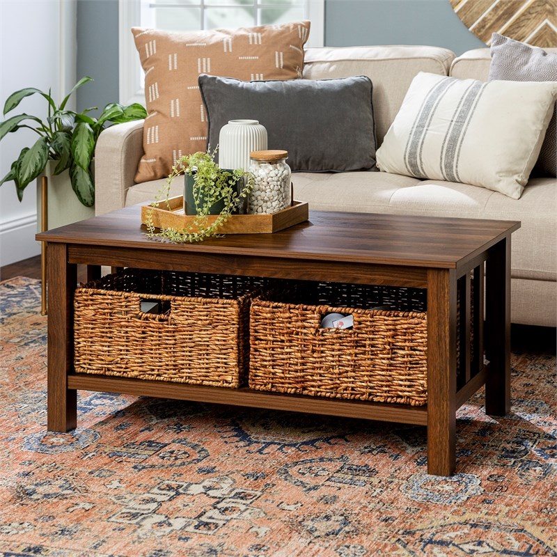 40" Wood Storage Coffee Table with Totes - Dark Walnut | Homesquare