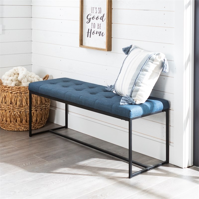 48" upholstered bench with metal base blue b48upmbbu