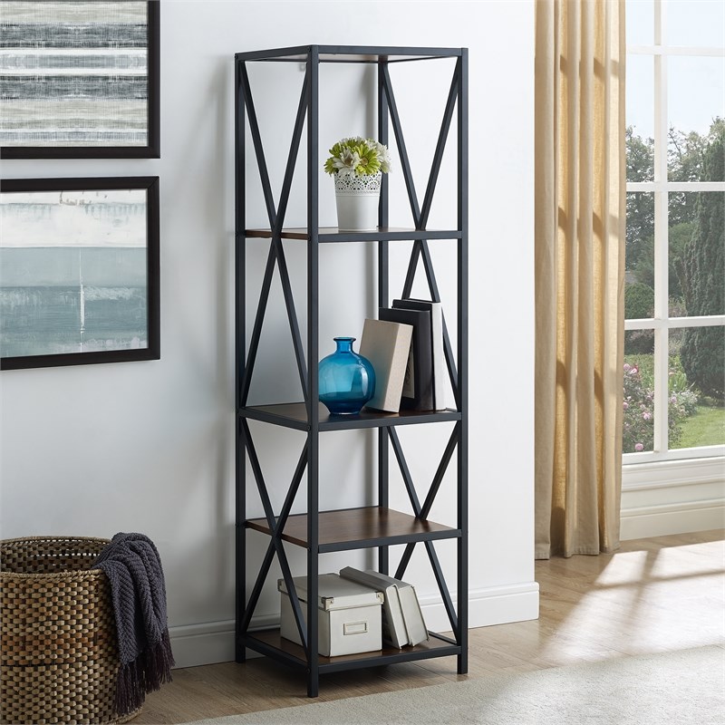 Metal X Media Tower Bookcase With Wood, Media Tower Bookcase