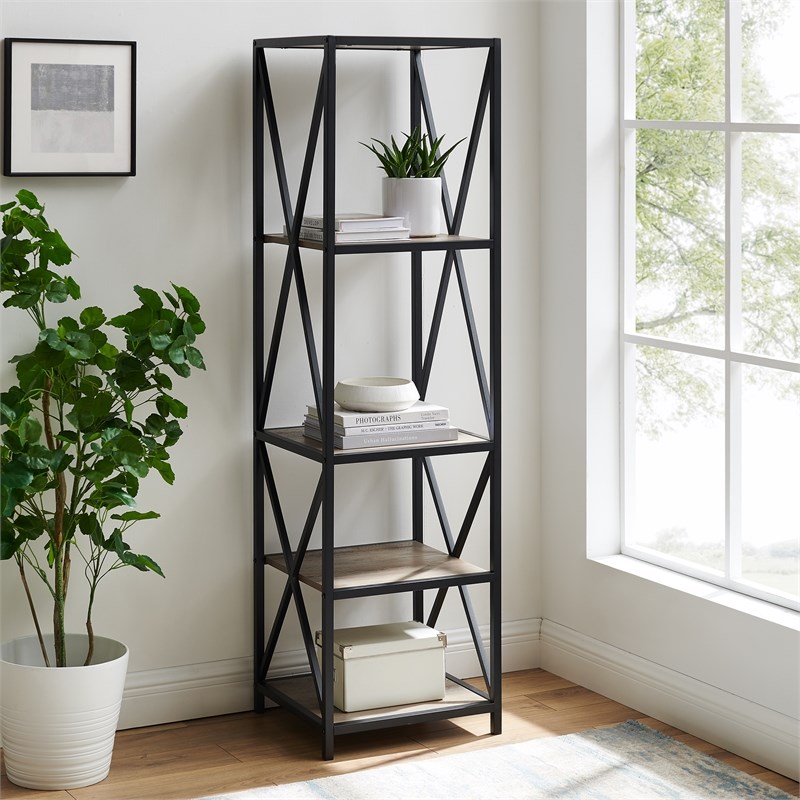 Wood Shelves Gray Wash Homesquare, Media Tower Bookcase