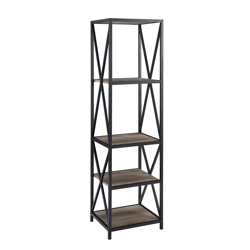 Metal X Media Tower Bookcase with Wood Shelves Gray Wash Homesquare