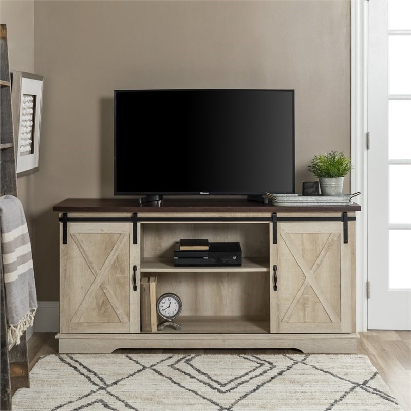 58 inch sliding barn door tv stand media console in white oak - w58sbdwo