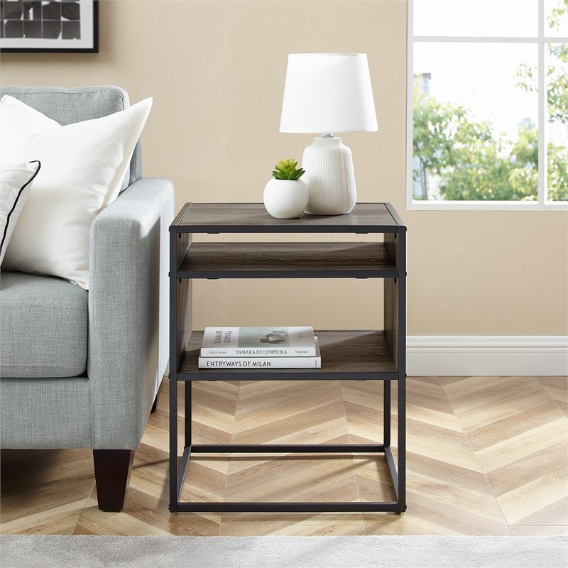 20 inch Metal and Wood Side Table with Open Shelf in Grey Wash