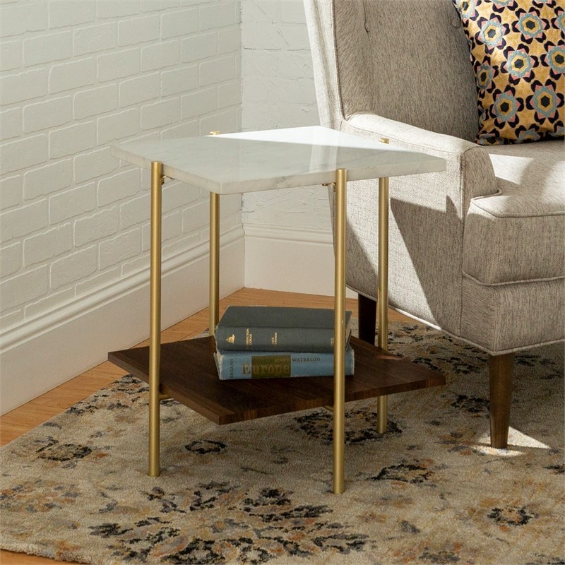 20 inch Square Side Table in White Faux Marble and Gold