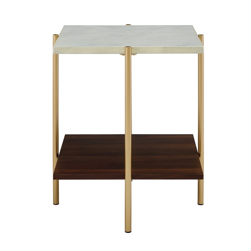 20 inch Square Side Table in White Faux Marble and Gold