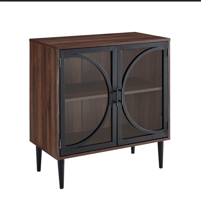 30 inch Metal Door Accent Console with Tempered Glass in Dark Walnut