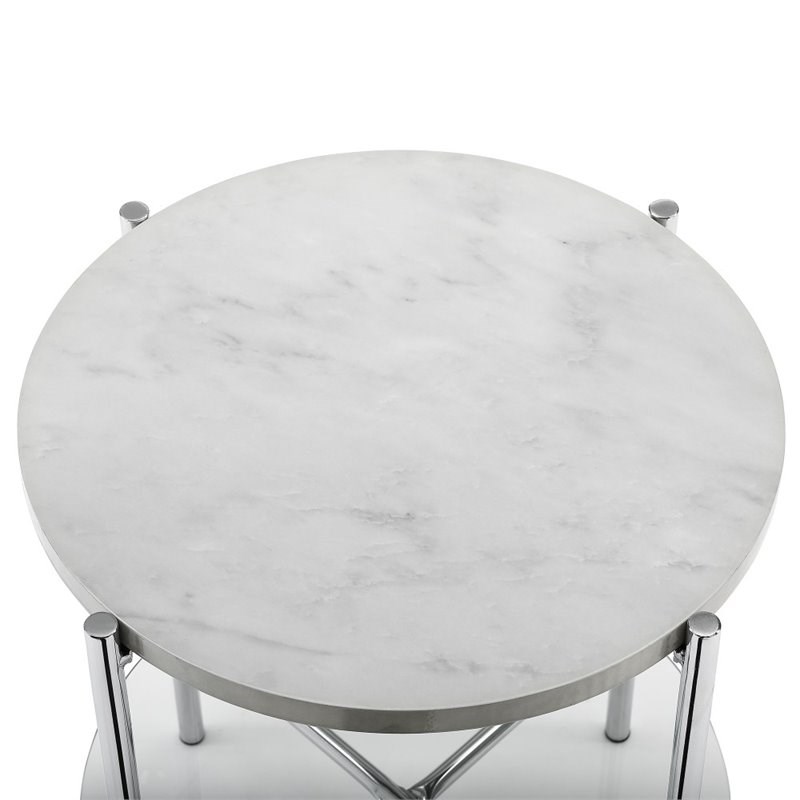 20 inch Round Side Table with White Faux Marble and Chrome Legs